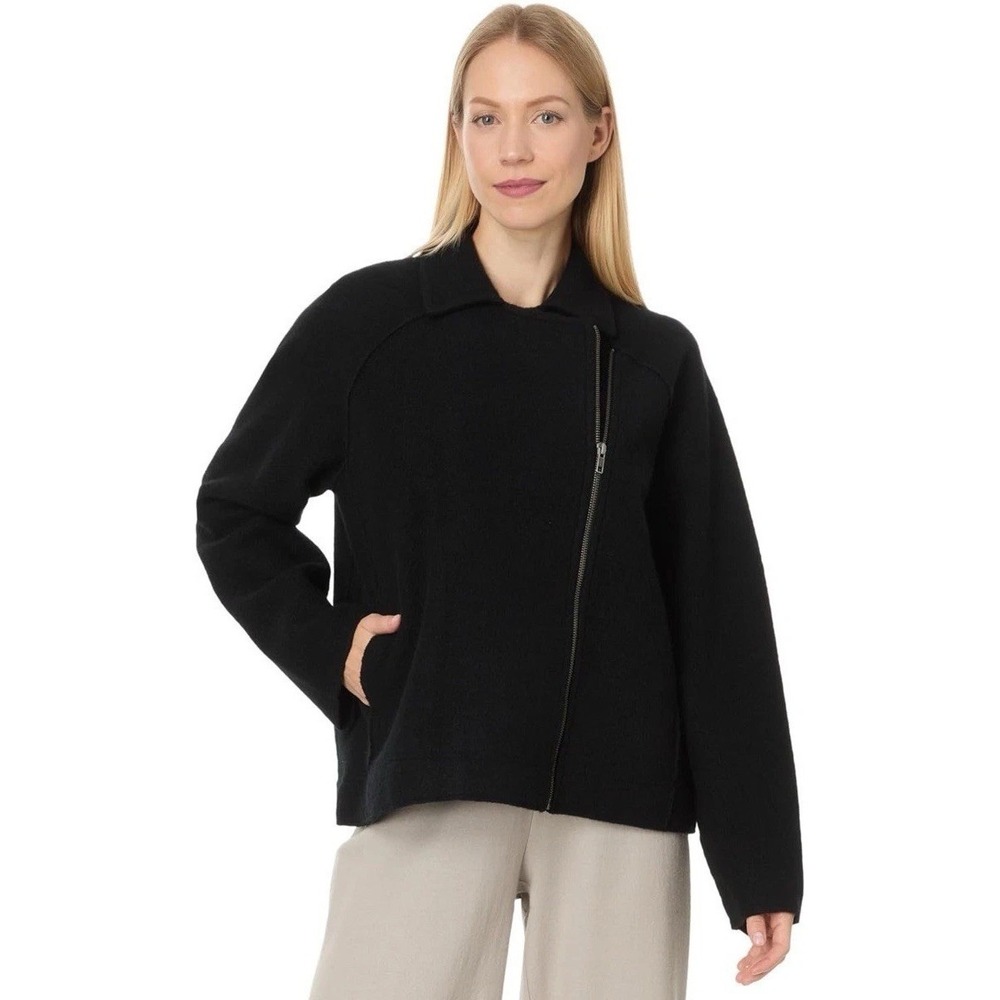 $152 Eileen Fisher 100% Wool Black Full Zip Stretch Mock Neck Jacket Womens XL